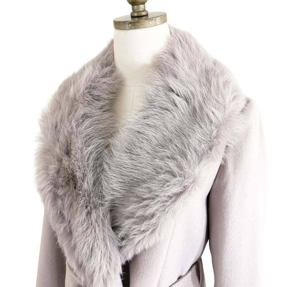 Sofia Cashmere Taupe Wool Overcoat with Shearling Fur Collar Size 6 Belted Waist - Picture 3 of 10